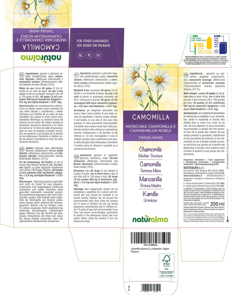 German and Roman Chamomile (Matricaria chamomilla and Chamaemelum nobile) Flower Heads Alcohol-Free Mother Tincture Naturalma - Liquid Extract Drops 200 ml - Food Supplement - Vegan 200 ml (Pack of 1)