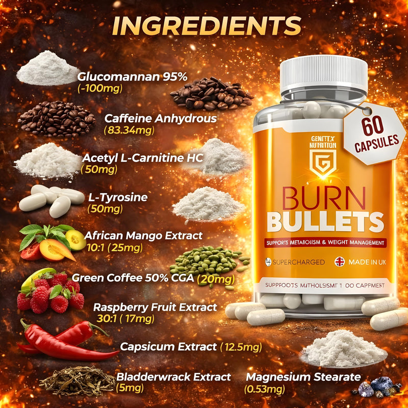 Burn Bullets Capsules for Metabolism & Weight Management Support | 60 Vegan Capsules | Supercharged Energy Boost, Natural Extreme Fat Burner, Caffeine Powered | UK Made | Plant-Based Supplement
