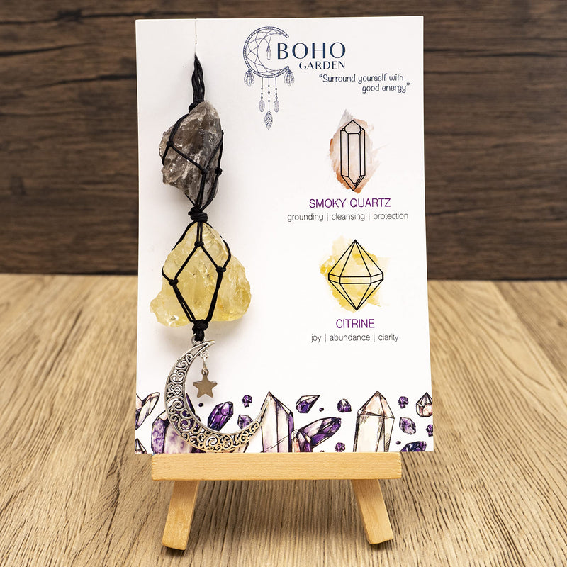 [Australia] - BOHO GARDEN Hanging Car Charm - Smoky Quartz & Citrine - Dangling Moon, Healing Crystal Accessories, Rearview Mirror Decorations √êGrounding, Cleansing, Protection, Joy, Abundance, Clarity, Energy Smoky Quartz-citrine 
