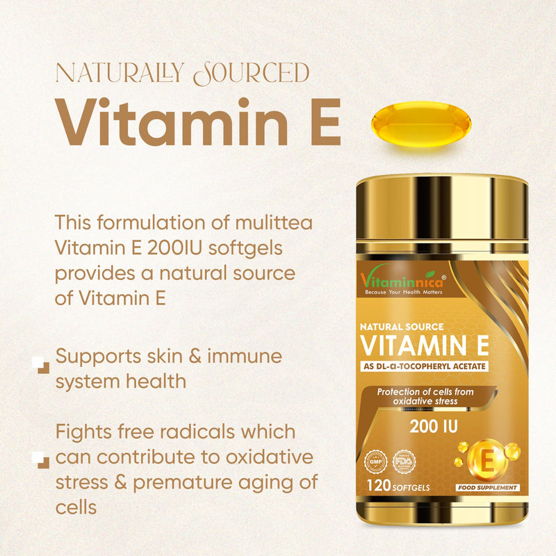 Vitaminnica Vitamin E- 120 Softgels 200 IU – Antioxidant Support for Skin, Hair, Immunity & Cellular Protection