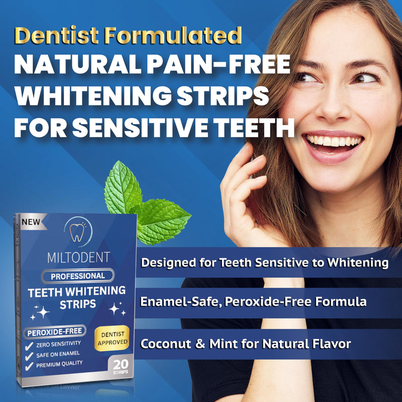[Australia] - MILTODENT Teeth Whitening Strips | Dentist Formulated | Peroxide Free Whitening Strips for Sensitive Teeth | Enamel Safe | Mint, Coconut (20 Count) 20 Count (Pack of 1) 