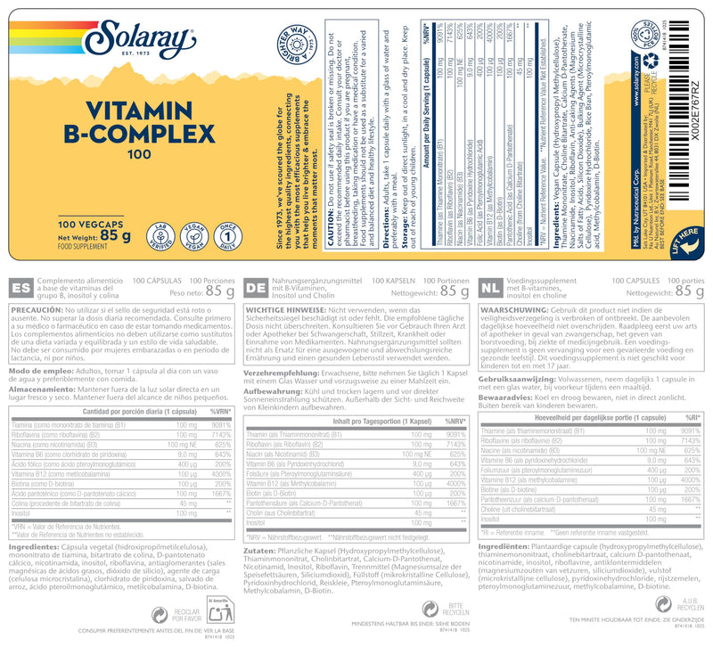 Solaray Vitamin B Complex "100" Super Strength - 100 Vegan Capsules - 3+ Month Supply - High Potency Vitamin B1, B2, B3, B5, B6, B7, B9 & B12 - Lab Verified