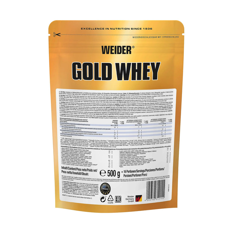 Weider Gold Whey (500g) Milk Chocolate Flavour. Ultrafiltrated Proteins from 100% Whey Protein Concentrate, 23g Protein/Serving, Low Fat, Low Sugar, Delicious, Extra Creamy Texture, Aspartme Free