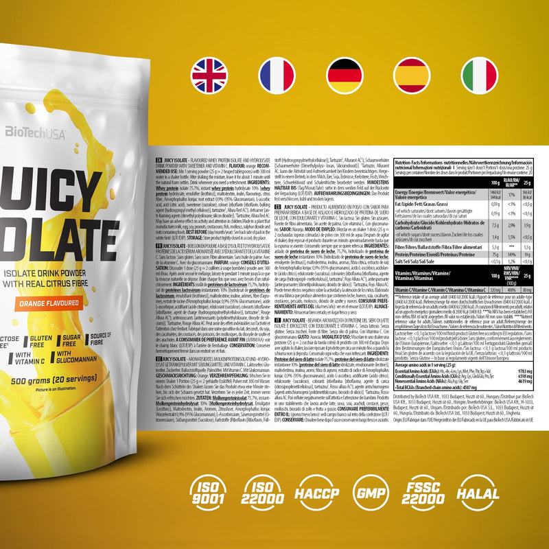BioTechUSA Juicy Isolate | Gluten-Free, Lactose-Free, Sugar-Free | Refreshing Protein Soft Drink | with Fiber and Vitamin C, 500 g, Orange