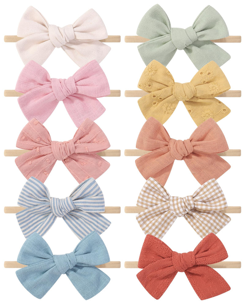 doboi 10PCS Baby Girls Headbands Hair Bows Nylon Cotton Linen Hairbands Handmade Hair Accessories for Newborn Infant Toddlers Little Girl and Kids 3.5Inches Spring Color