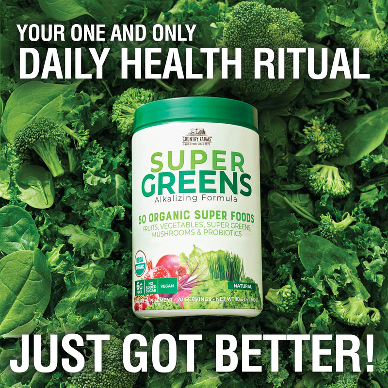 [Australia] - Country Farms Organic Super Greens Natural Flavor, 50 Organic Super Foods, Packed with Fiber, USDA Organic Drink Mix, Fruits, Vegetables, Mushrooms & Probiotics, Supports Energy, 6g Fiber 1 Count (Pack of 1) 