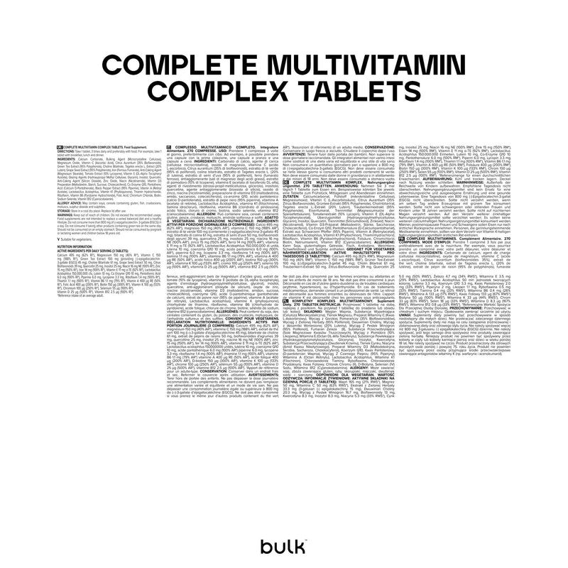 Bulk Complete Multivitamin Complex Tablets, 30 Vitamins, Minerals & Other Active Ingredients, Pack of 270, 270 Servings, Packaging May Vary Unflavoured 270 count (Pack of 1)