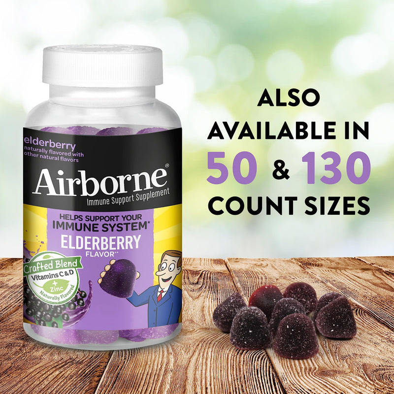 [Australia] - Airborne Elderberry + Zinc & Vitamin C Gummies For Adults, Immune Support Vitamin D & Zinc Gummies With Powerful Antioxidant Vitamins C D & E - 50 Gummies, Elderberry Flavor 50 Count (Pack of 1) Gummy 