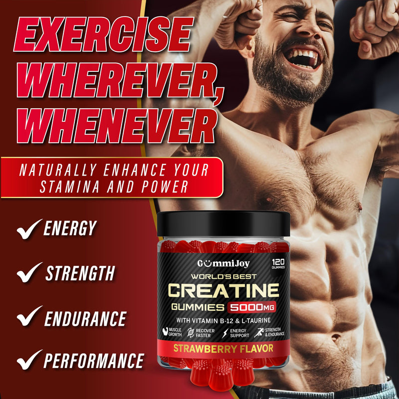Creatine Gummies 5000mg | 120 Max Strength Muscle Growth | Recovery Supplements for Men & Women | Creatine Monohydrate Plus B12 and L-Taurine | Strawberry Flavour | 1 Month Supply 120 count (Pack of 1)