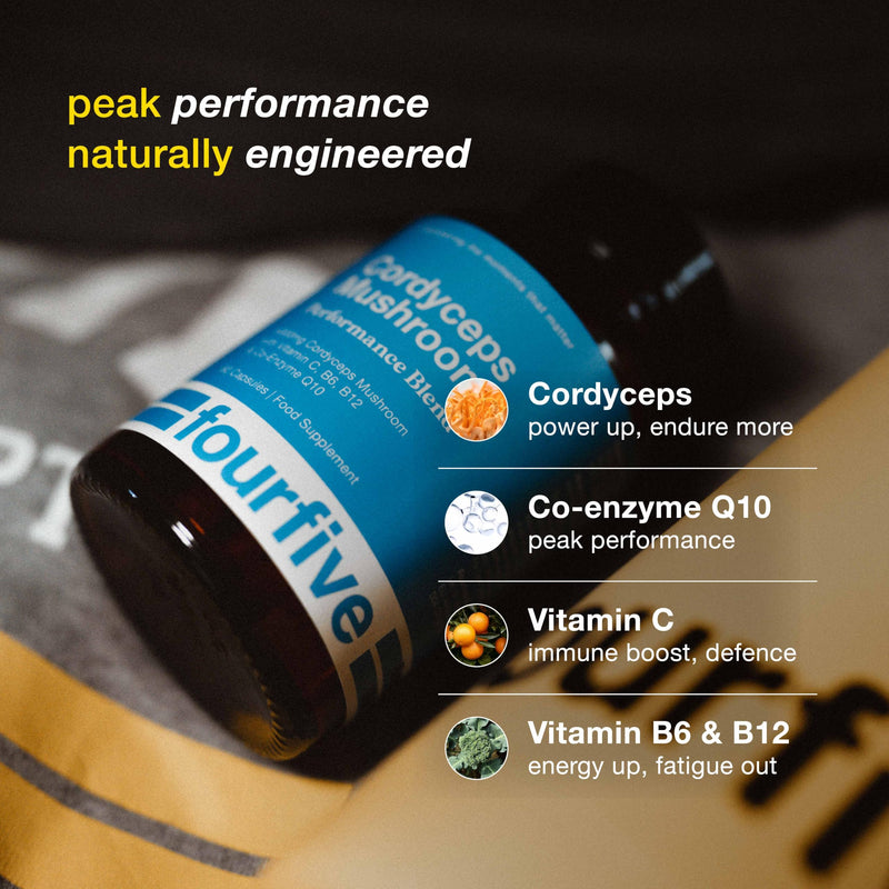 fourfive Cordyceps Mushroom Supplement (4000mg) Performance Blend with CoQ10 and Vitamins C, B6 and B12, Support Physical Performance, Energy & Recovery - 60 Capsules
