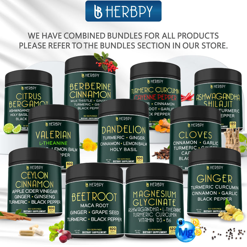 Herbpy Bundle 6in1 Magnesium Glycinate Supplement& 5in1 Ashwagandha Capsules