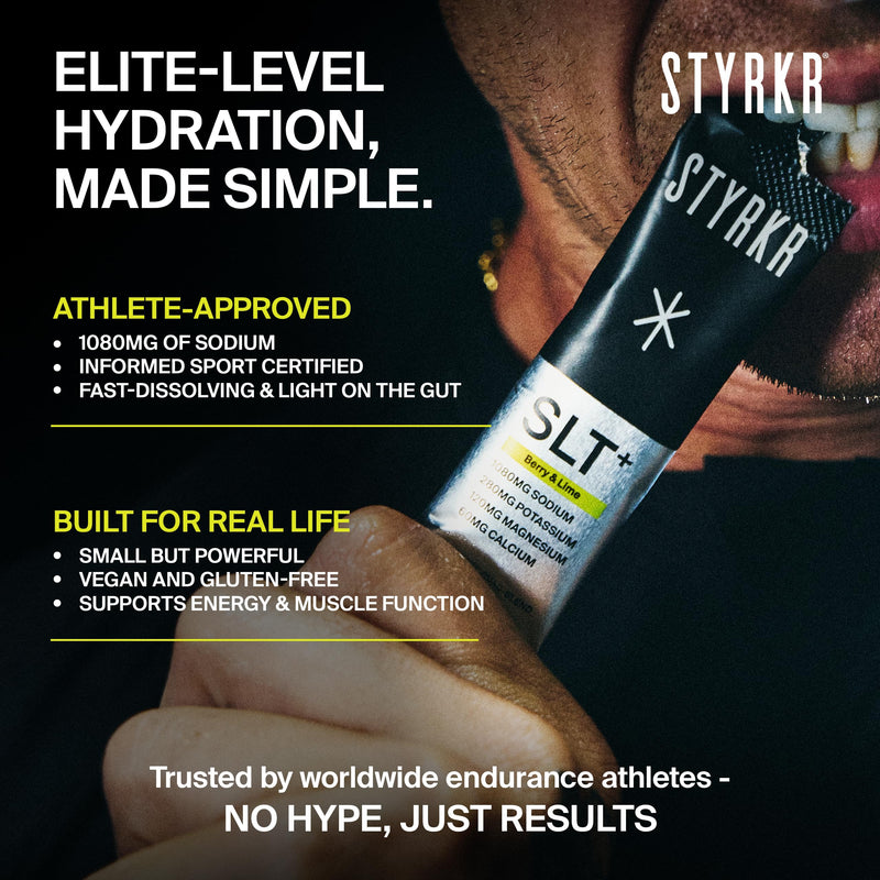 Styrkr SLT+ High Sodium Electrolyte Powder Sachets (30 Servings 1000mg+ Sodium) – Zero Sugar Hydration Drink Mix for Running, Cycling & Endurance – Electrolytes with Magnesium & Potassium (Berry/Lime) Berry & Lime