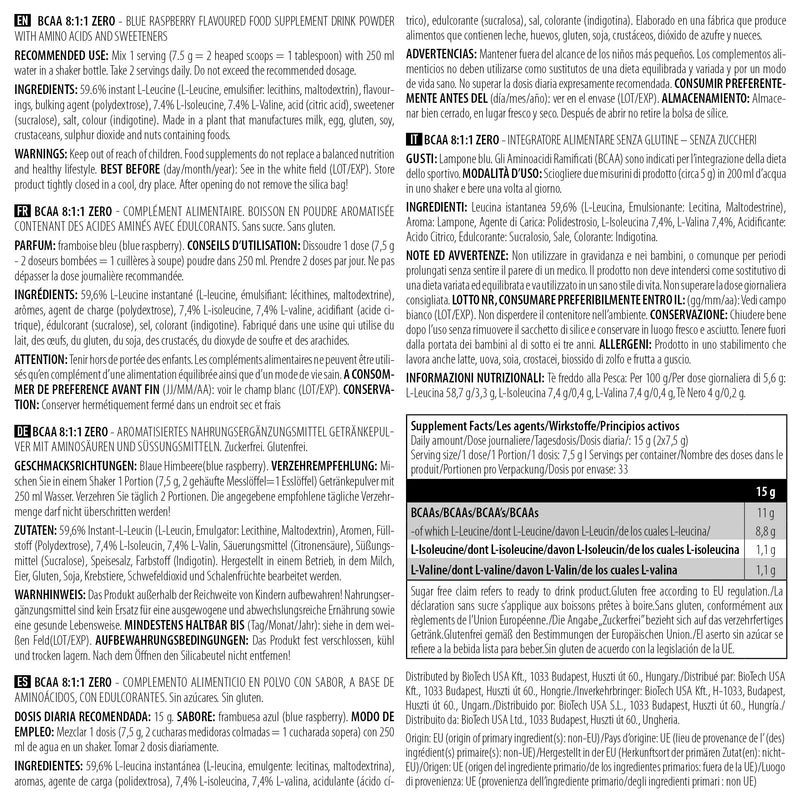 BioTechUSA Bcaa 8:1:1 Zero, Blue Raspberry, 250 g