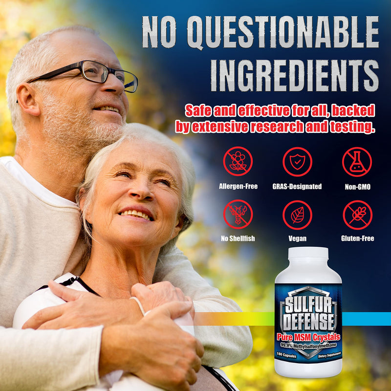 [Australia] - Sulfur Defense Opti-MSM 99.9% Pure MSM Powder Capsules, Made in USA, Organic Methylsulfonylmethane, non-GMO, Gluten-Free, Immune System Booster, Soothes Joint Pain, Younger Skin, Hair, Nails, 180 caps 1 Count (Pack of 180) 