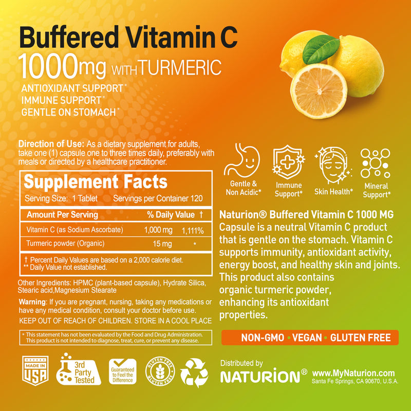 Buffered Vitamin C 1000 mg with Organic Turmeric - Antioxidant & Immune Support - Healthy Skin & Joints - Gluten & Dairy Free - 120 Vegan Capsules, 120 Day Supply 120 Count (Pack of 1)