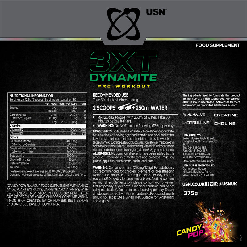 USN 3XT Dynamite Pre Workout Powder (30 Servings – 375g). Pre- Workout Energy Drink with Natural Caffeine (250mg), Citrulline, Creatine, Beta Alanine, Choline, Taurine and Zero Sugar – Candy Pop