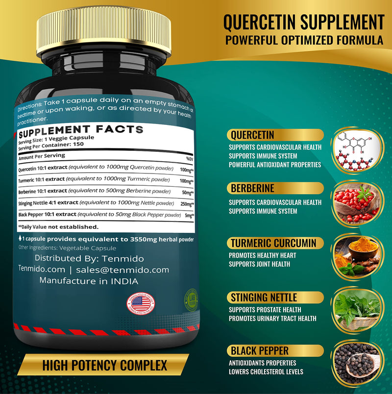 [Australia] - Quercetin Supplements Capsules 3550mg, 5 Months Supply, 150 Caps - Supports Immune System & Cardiovascular, Respiratory Health, Antioxidants with Berberine, Stinging Nettle, Turmeric, Black Pepper 