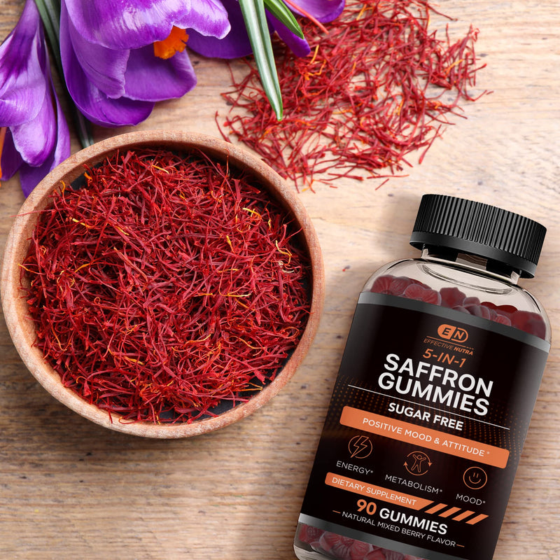 [Australia] - Saffron Gummies - Sugar Free Saffron Supplement with Vitamin D2, Passion Flower, St. John's Wort, GABA - Positive Mood, Digestion, Energy (90ct) 