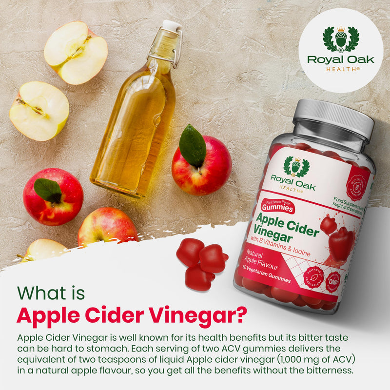 Apple Cider Vinegar 1,000mg ACV Gummies with Vitamin B6, B12, Folic Acid & Iodine | Energy & Metabolism Support | UK Made by Royal Oak Health Apple Cider Gummies