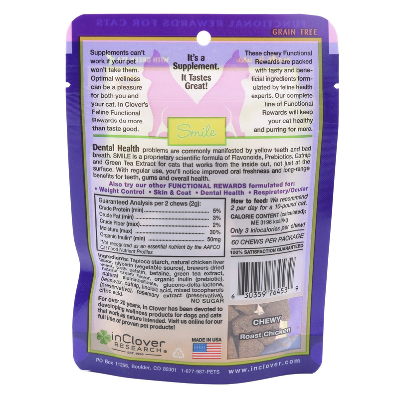 In Clover Smile Daily Dental Health Soft Chews for Cats, Support Healthy Teeth and Fresh Tongue with Catnip and Green Tea, Prebiotics, and Chlorophyll for Fresh Breath 2.1 oz (60g) - PawsPlanet Australia
