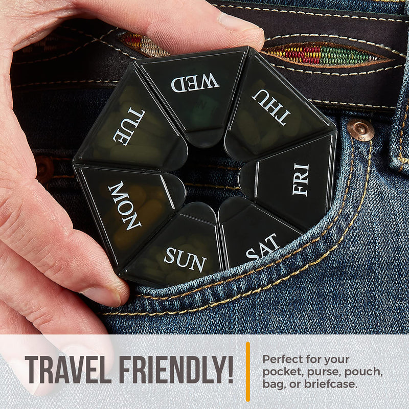 Weekly Pill Organizer - (Pack of 2) 7-Day Pill Container - Arthritis Friendly Portable & Compact Travel Case Daily Compartment Medicine Pills Box for Supplements, Medication, Vitamins and Fish Oils Black 2 Count (Pack of 1)