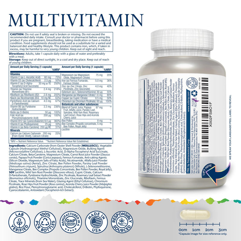 Solaray Multivitamin Spectro for Men & Women - 100 Capsules | 1-A-Day Formula with Iron | 30 Vitamins, Minerals & Botanicals | Bone, Immune & Energy Support