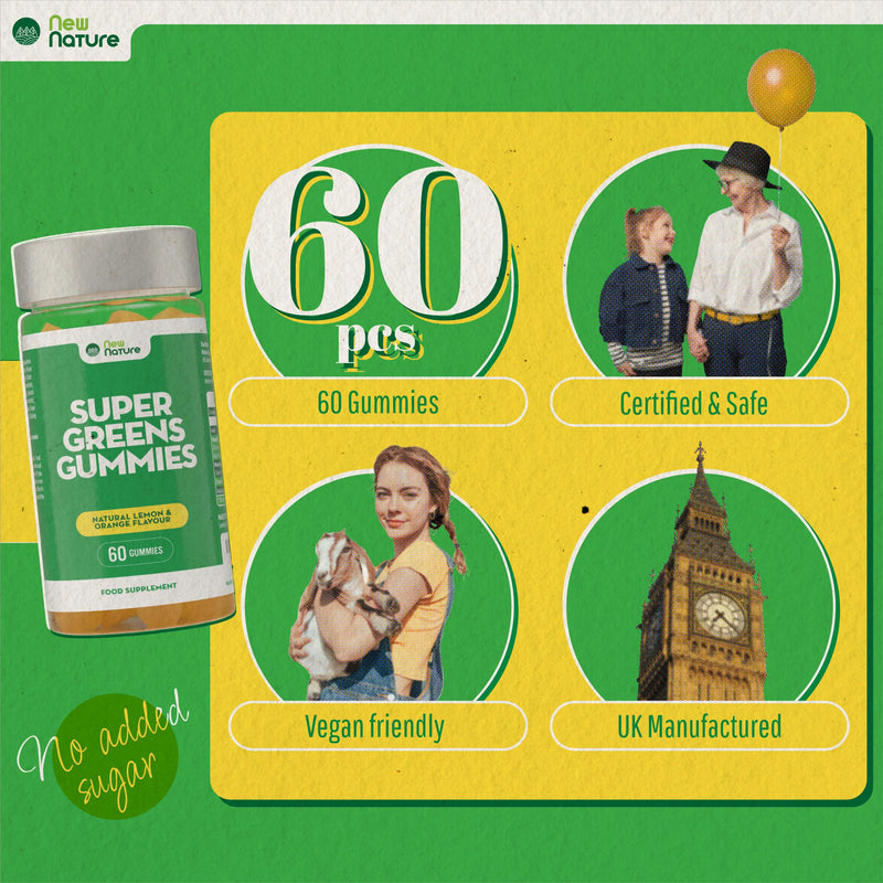 New Nature Super Greens Gummies - Greens Supplement with Fruit & Veggie Powders, Chlorella & Bacillus Coagulans - 60 Lemon & Orange Flavour Gummies - UK Made, Gelatin-Free