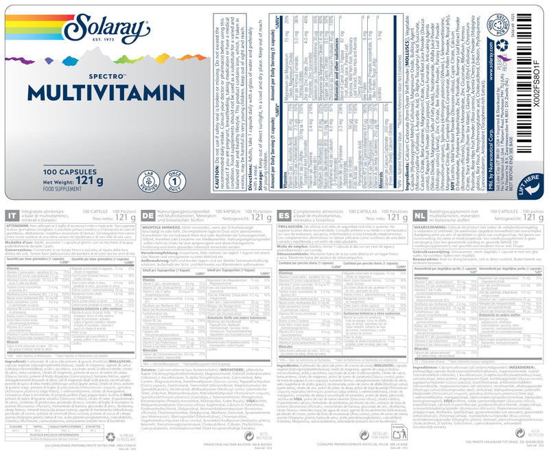 Solaray Multivitamin Spectro for Men & Women - 100 Capsules | 1-A-Day Formula with Iron | 30 Vitamins, Minerals & Botanicals | Bone, Immune & Energy Support