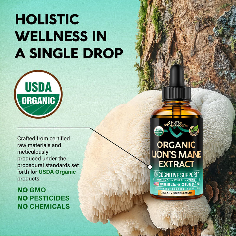 [Australia] - Lions Mane Liquid - USDA Certified Organic Lions Mane Supplement - Brain Support, Energy, Memory & Focus - Sugar & Alcohol-Free Lion's Mane Mushroom Extract 72,000 mg / Bottle, 2 Fl OZ, 2 Month Supply 2 Fl Oz (Pack of 1) 