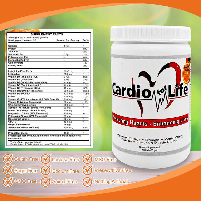 [Australia] - Cardio for Life L-Arginine Powder 16oz - Orange Natural Nitric Oxide Supplement Cardiovascular Increase Energy 16 Ounce (Pack of 1) 