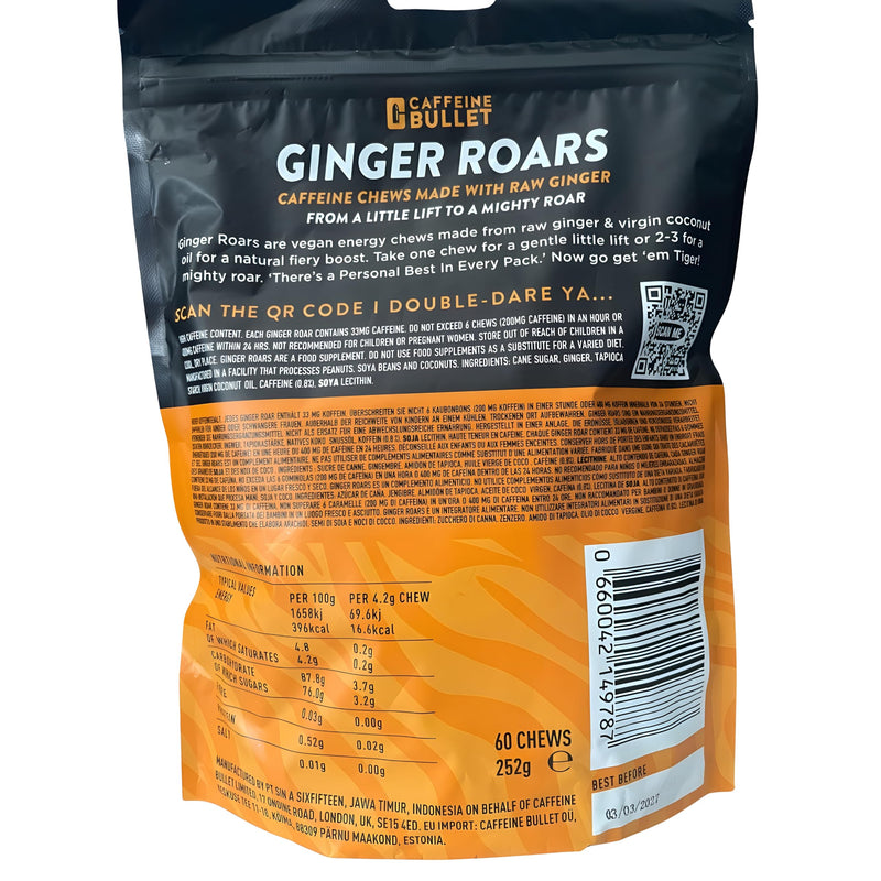 [Australia] - Ginger Roars - 60 Energy Gummies - Vegan Caffeine Chews Each 33mg, Made with a Tasty, Natural Fiery Kick for Improved Running, Cycling, Preworkout & Focus. 1 Bag - 60 Energy Chews 