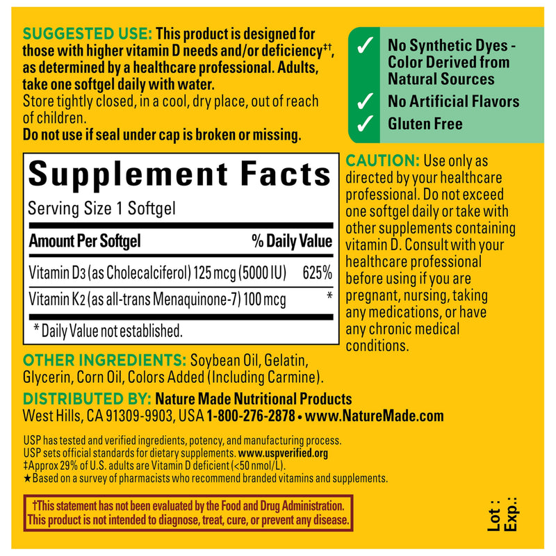 Nature Made Vitamin D3 K2 Supplement, 30 Softgels | Vitamin D 5000 IU (125 mcg) for Immune, Bone, Teeth and Muscle Health Support, 30 Day Supply Unflavored 30 Count (Pack of 1)
