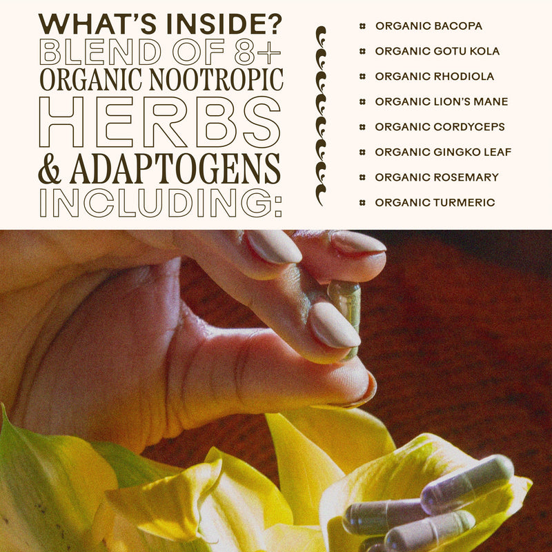 [Australia] - Wooden Spoon Herbs Brain Bloom | USDA Certified Organic Brain Supplement for Memory & Focus | 8 Herb Complex with Rosemary, Bacopa, & Lion's Mane | Gluten-Free, Non-GMO, Vegan (60 CT, Capsules) 