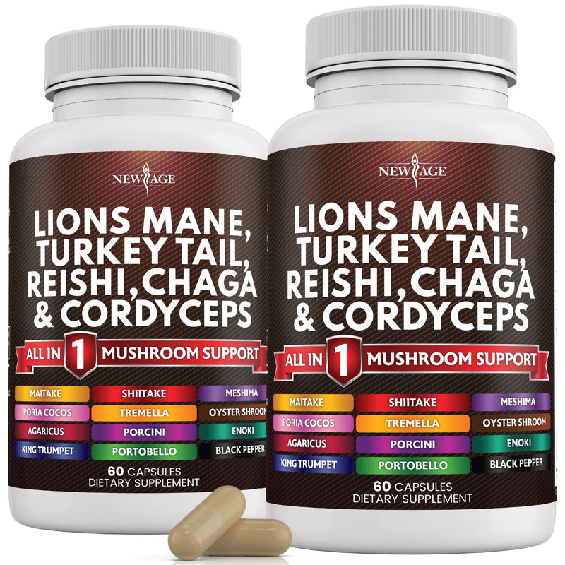 NEW AGE Lions Mane 3000mg 20in1 Mushroom Supplement with Turkey Tail 2000mg Reishi 1000mg Cordyceps Chaga 1000mg with Marshmallow Root 120 Count 120 Capsules (Pack of 2)