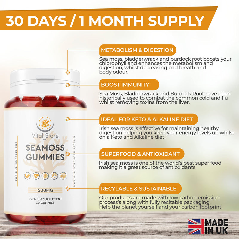 Irish Sea Moss Gummies 1500MG - 1 Month Supply 30 Vegan Gummies - Bladderwrack, Burdock Root, Irish Sea Moss High Strength