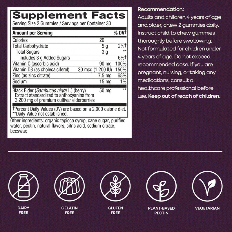 Nature's Way Sambucus Elderberry Gummies for Immune Support* Ages 4+, 60 ct | Immune Gummy with Black Elderberry Extract, Vitamin C, D3, Zinc, and Superfood Antioxidants*, Adults & Kids Ages 4+ 60 Count (Pack of 1)