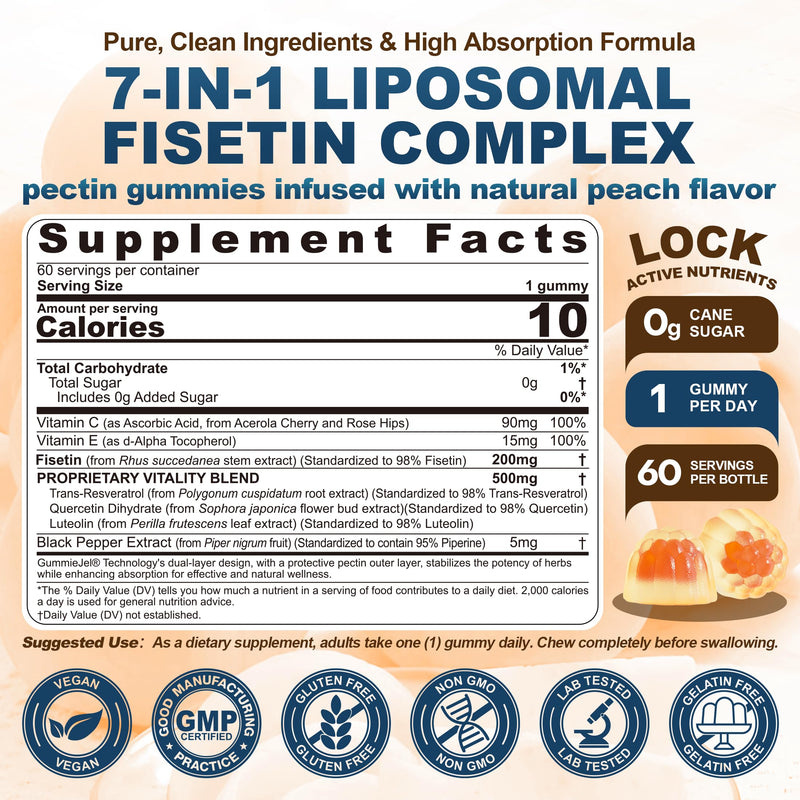 [Australia] - Liposomal Fisetin 200mg & Resveratrol Complex 500mg Liquid Gummies - Longevity & Cell Renewal Support - 98% High Purity Fisetin,Trans-Resveratrol Quercetin Luteolin with Vitamins C & E, 1-A-Day, 60Cts 60 Count (Pack of 1) 
