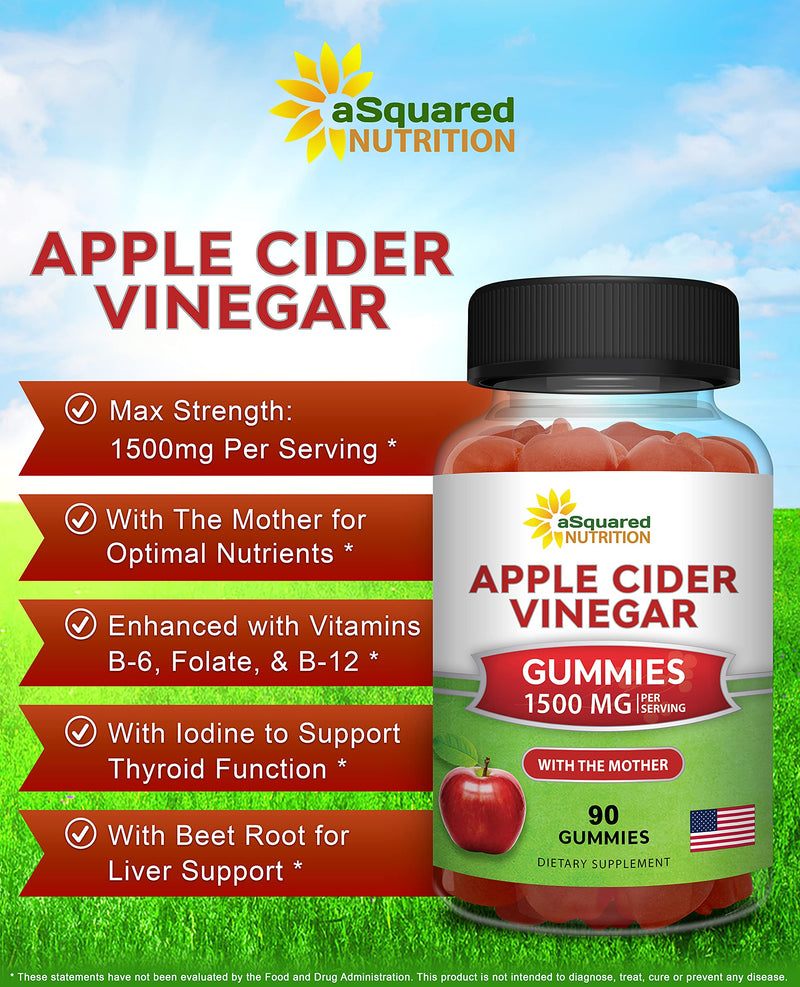 Apple Cider Vinegar Gummies - 1500mg/Serving - ACV Supplement with Mother | ACV with Vitamin B6 & B12, Folic Acid - Vegan Gummy Alternative to Capsules, Pills, Tablets & Drink - 90 Gummies 90 Count (Pack of 1)