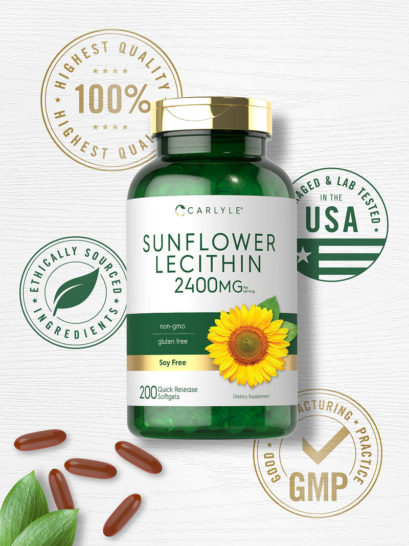 Carlyle Sunflower Lecithin Softgel Capsules | 2400mg | 200 Count | Rich in Phosphatidyl Choline | Non-GMO, Soy Free, Gluten Free Supplement