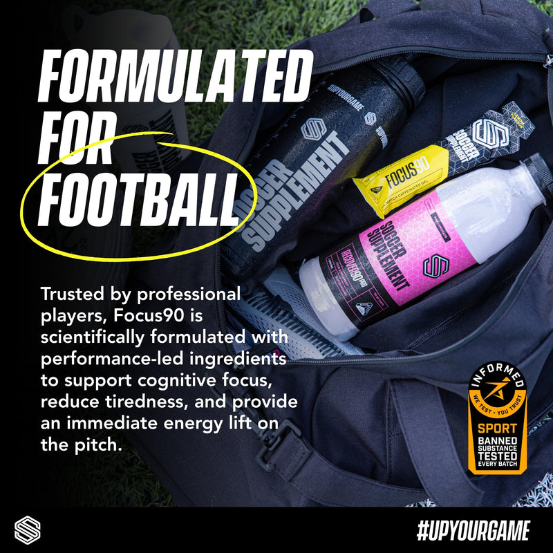 Soccer Supplement Focus90 Caffeine Energy Gels (12 Pack) with 200mg Caffeine, Quick Release Pre Workout Gel with Beta Alanine, Lemon & Lime Flavour