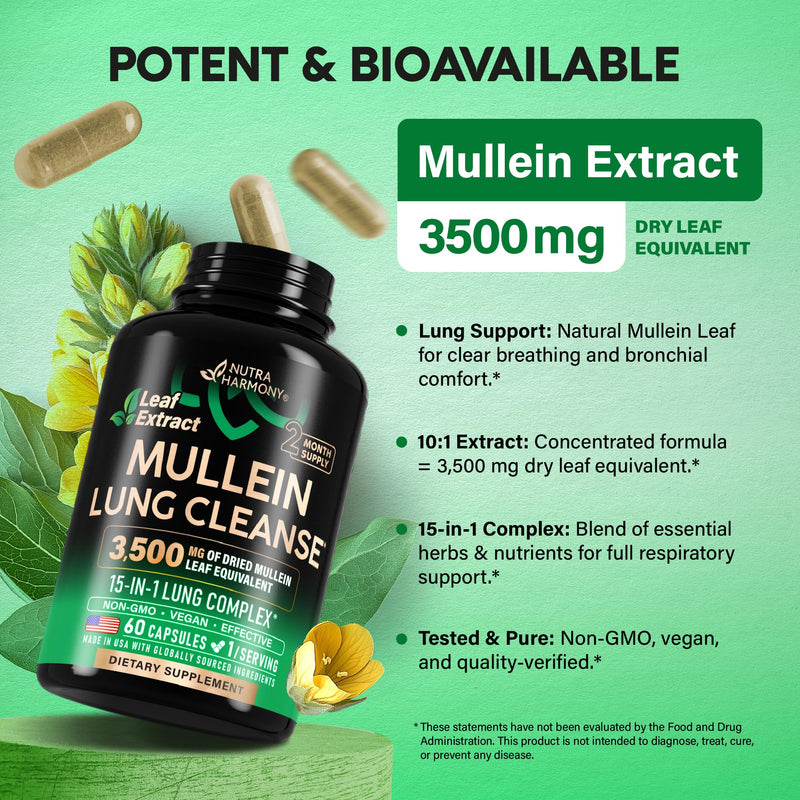 [Australia] - Mullein Leaf Extract for Lung Detox - Marshmallow Root | Echinacea | Oregano | Quercetin | NAC - 15-in-1 Lung Support & Cleanse for Smokers Supplement - Made in USA - As Drops, Tincture - 60 Capsules 60 Count (Pack of 1) 