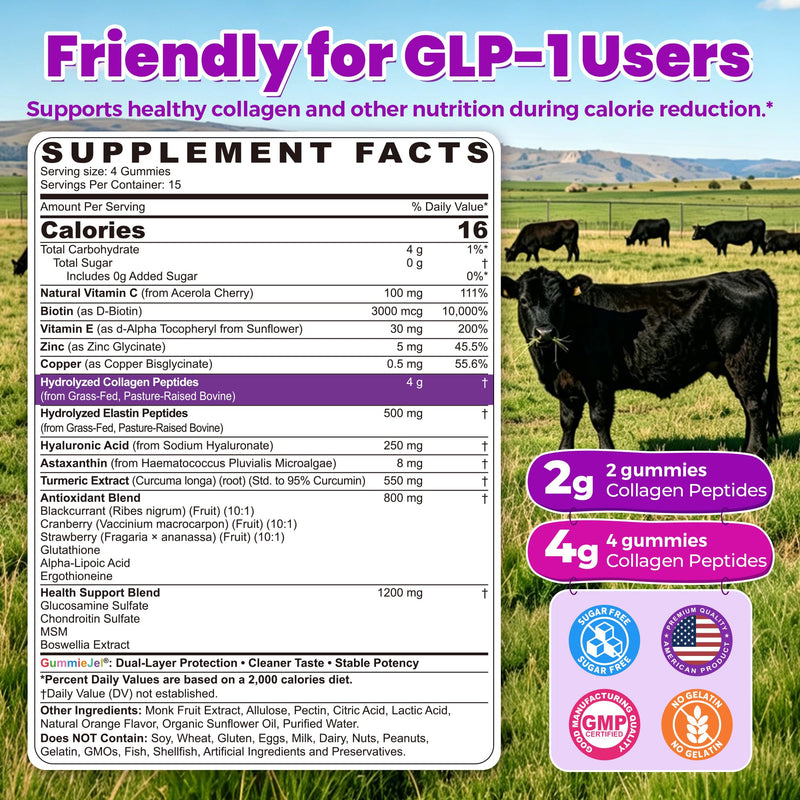 Collagen Gummies for Women Men, 4g / 2g Hydrolyzed Collagen Peptides Type I, III from Grass-Fed Bovine, + Elastin Peptides, Hyaluronic Acid, Biotin, Vitamin C for Skin, Hair, Nails, Sugar-Free, 1 Pack