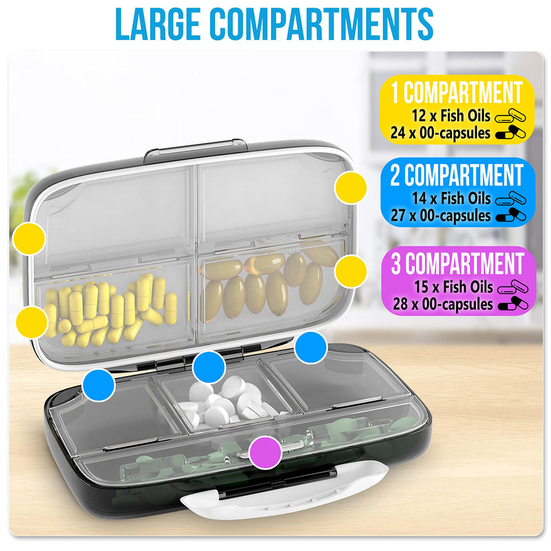 [Australia] - Airtight Pill Organizer Box Large Pill Dispenser Home Travel Essentials Supplement Holder Portable Vitamin Sorter Jumbo Size 8 Compartment Container Daily Medicine Black 