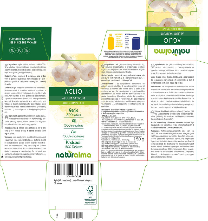Garlic (Allium sativum) Bulbs Naturalma - 150 g - 300 Tablets - Food Supplement - Natural and Vegan