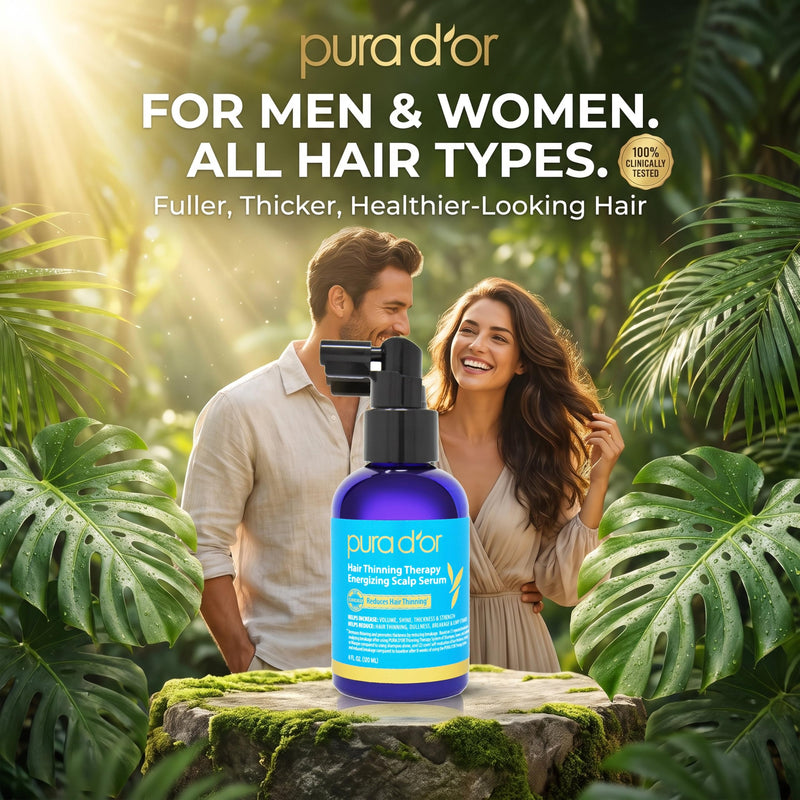 PURA D'OR Hair Thinning Therapy Energizing Scalp Serum 4oz w/Copper Tripeptide, Biotin, Caffeine, Plant Stem Cell, Catalase & DHT Balance, Rosemary Green Tea Leaf Extract, All Hair Types, Men Women | Stronger-Looking Roots, Clinically Tested, Caffeine,...
