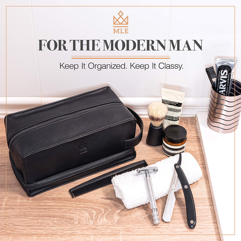MAKE LIFE EXCLUSIVE Men's Leather Toiletry Bag, Travel Dopp Kit, Shave Kit | Waterproof, Razor & Cologne Compartments, Grooming Organizer for Travel – Men's Gift Midnight Black 2 - Compartment