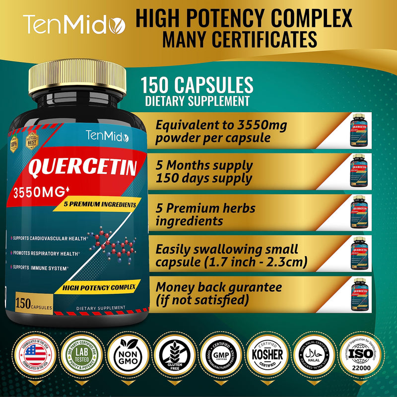 [Australia] - Quercetin Supplements Capsules 3550mg, 5 Months Supply, 150 Caps - Supports Immune System & Cardiovascular, Respiratory Health, Antioxidants with Berberine, Stinging Nettle, Turmeric, Black Pepper 