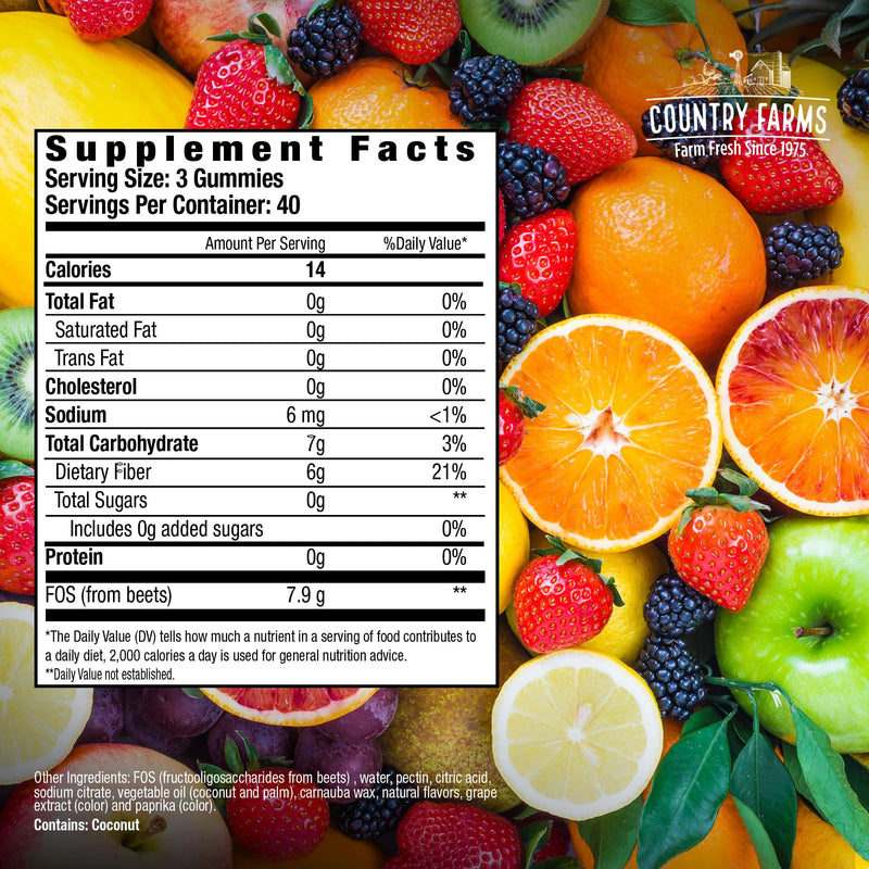 [Australia] - Country Farms Fiber Care Prebiotic Gummies, 6g of Fiber Per Serving, FOS from Beets, Digestive Health, Supports Regularity, Mixed Fruit Flavor, 120 Gummies, 40 Servings, Multi 