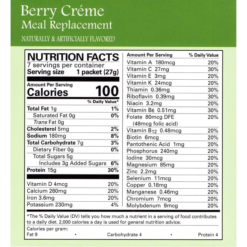 Meal Replacement Smoothie - Berry Creme - High Protein 15g - Low Carb - Vitamins and Minerals - (7/Box)