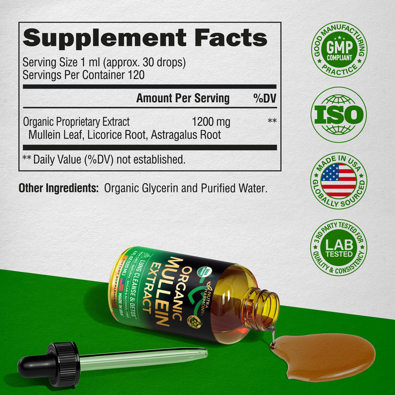 [Australia] - USDA Organic Mullein Drops for Lungs - Mullein Leaf & Licorice Extract Supplement - Made in USA - Lung & Bronchial Cleanse for Smokers - Respiratory Health Support - As Liquid, Tincture, Tea - 4 fl oz 